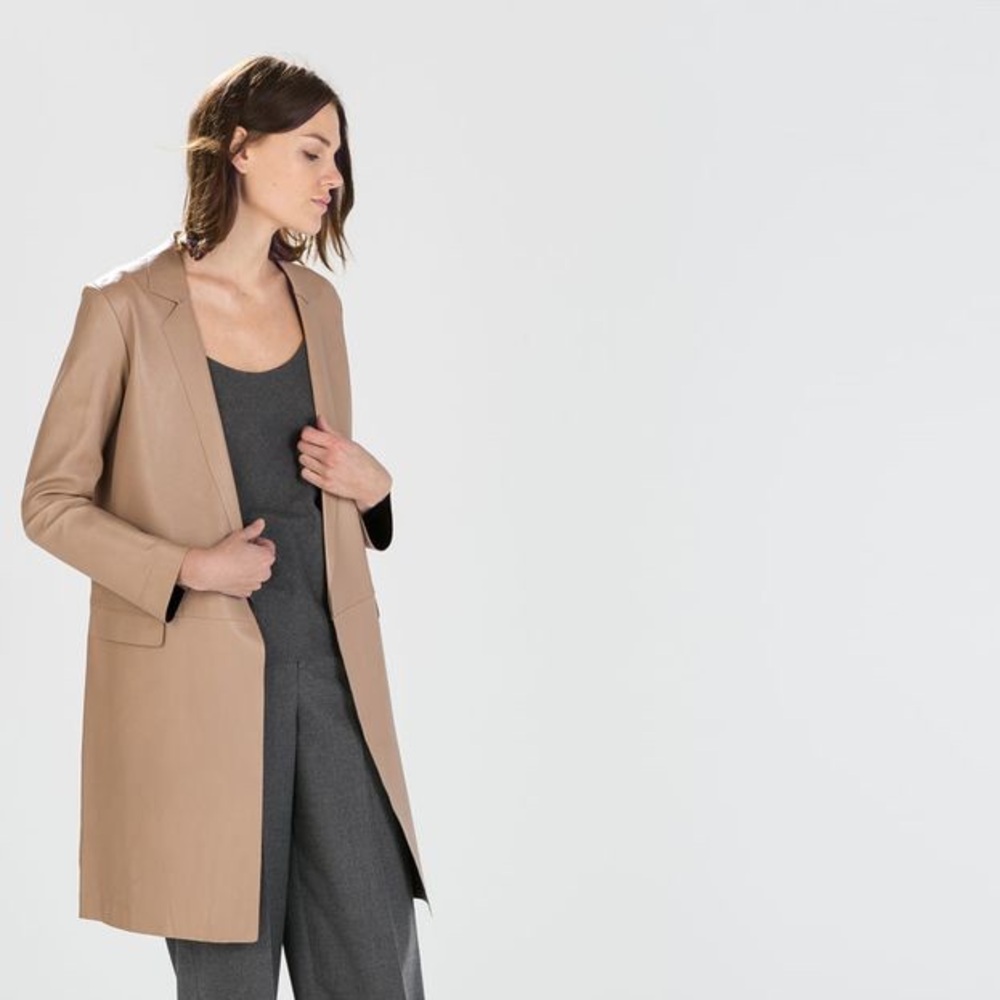Zara Studio Longline Minimalist Lambskin Leather Coat Tan Size Small